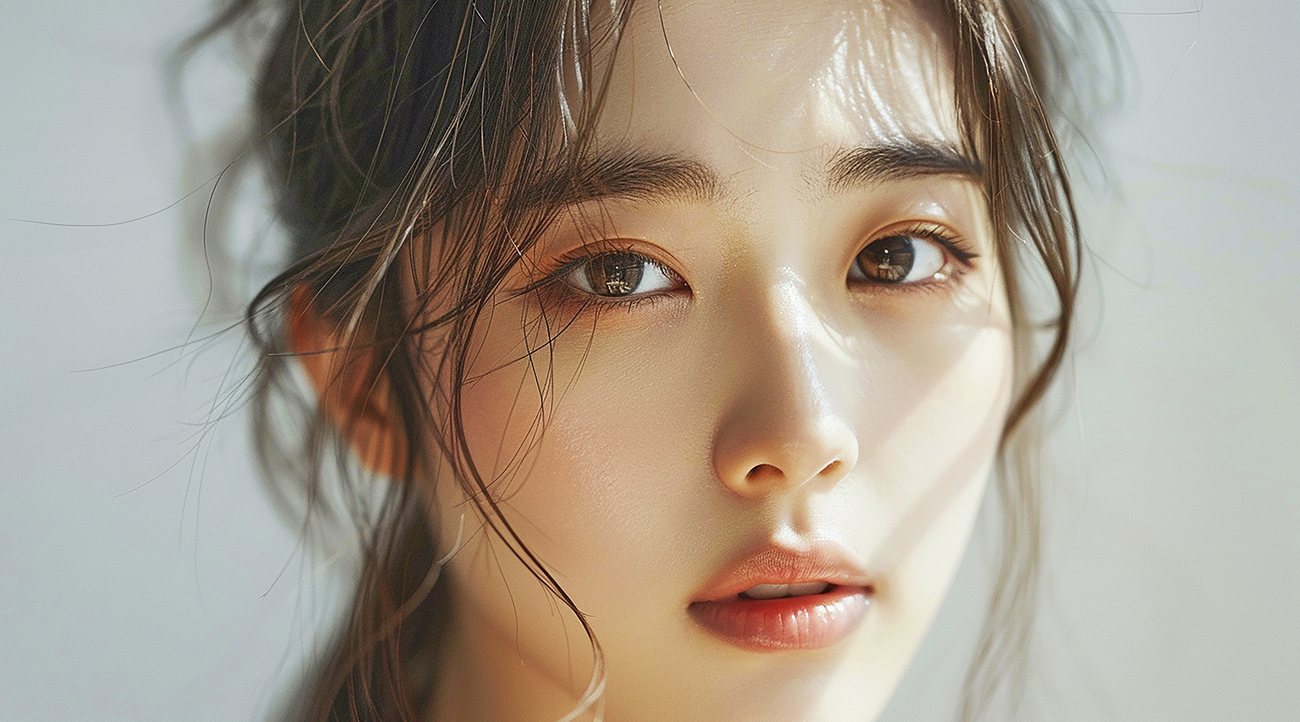 잔머리가 흩날린 여성 얼굴 클로즈업 — 자연유착 눈성형이 필요한 경우