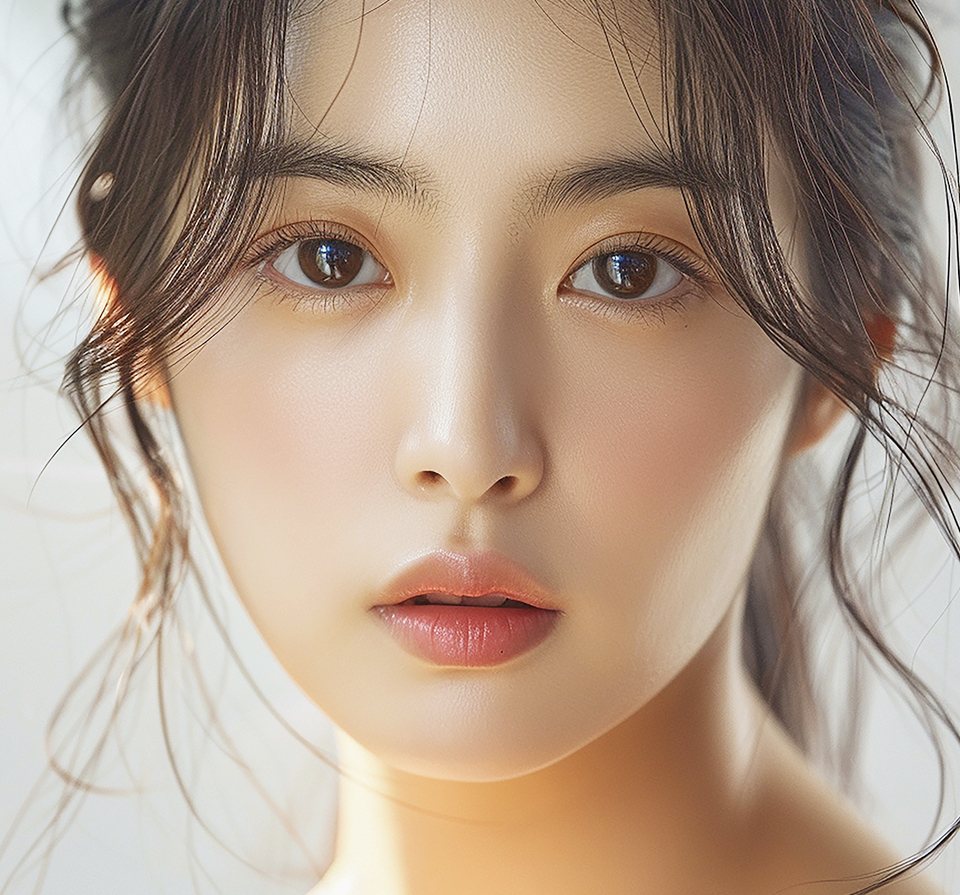 잔머리를 늘어뜨린 여성 모델 정면
