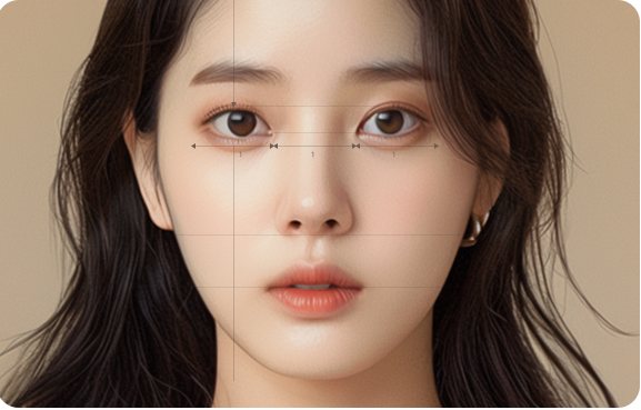 얼굴 비율 선이 그어진 여성 모델 정면