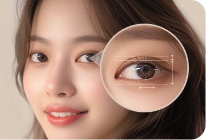 웃는 여성 모델과 눈 확대 렌즈 그림