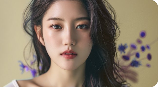 보라 꽃을 배경으로 한 여성 모델