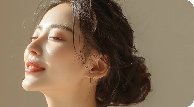 눈을 감고 미소 짓는 여성 옆얼굴