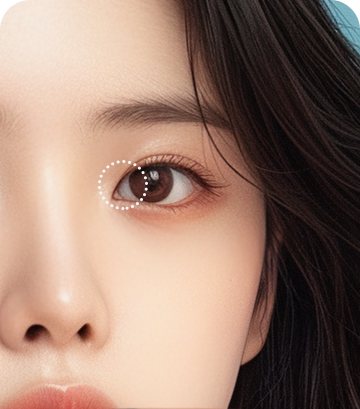 쌍꺼풀 시작지점(눈 앞머리)을 점선 원으로 표시한 눈