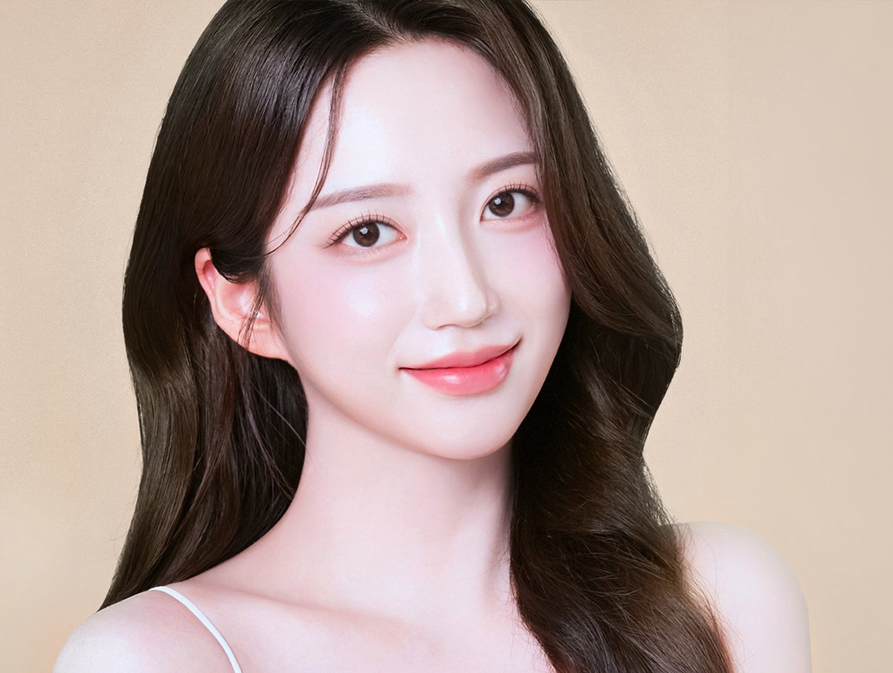 긴 웨이브 머리 여성 모델(오른쪽, 살구·베이지 바탕)